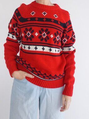 Vintage Red Nordic Fair Isle Snowflake Holiday Christmas Knit Sweater Winter M